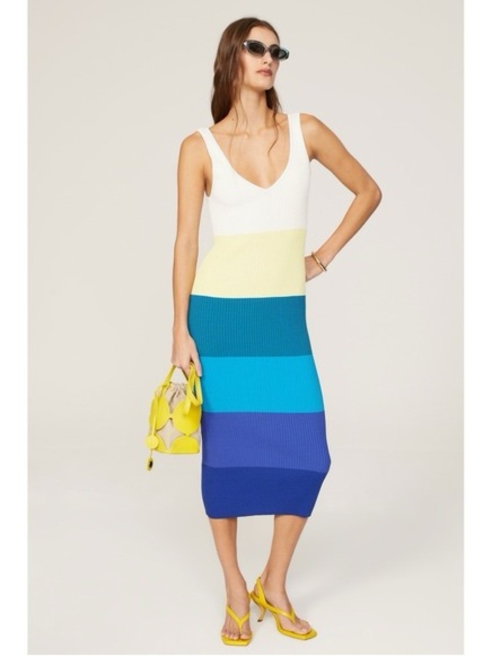 Staud Dana Colorblock Ribbed Knit Midi Dress in White and Blue sz XL